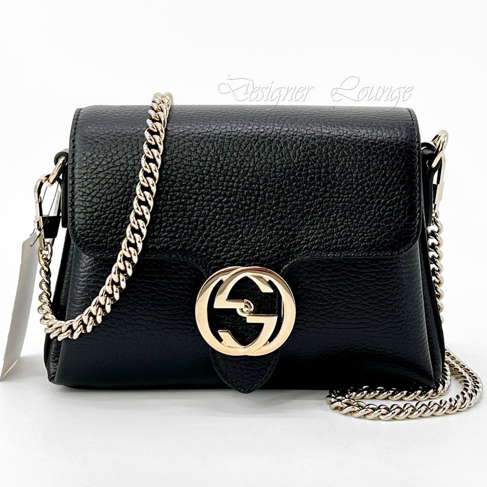 NEW GUCCI Interlocking GG Black Leather Small Crossbody Shoulder Chain Bag $2190